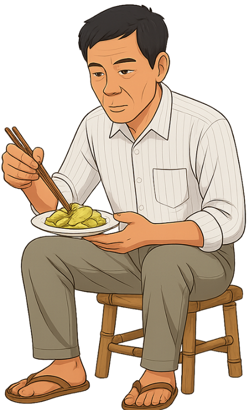 Ông chú, ăn cải, đàn ông, ghế tre, đôi đũa, uncle, eating pickled vegetables, man, bamboo chair, chopsticks