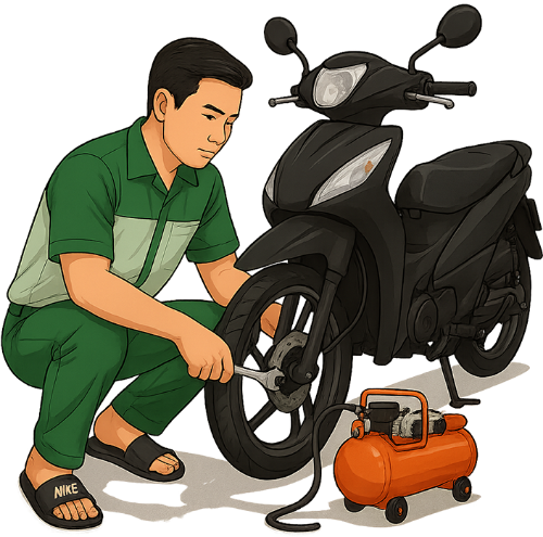 Chàng trai, vặn ốc, đàn ông, thợ sửa xe, máy bơm xe, xe máy, cờ lê, young man, tightening bolt, man, mechanic, air pump, motorbike, wrench