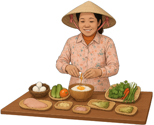 Bà cô, đập trứng, phụ nữ, nguyên liệu nấu ăn, trứng, thịt, rau, nón lá, bàn, aunt, cracking eggs, woman, cooking ingredients, eggs, meat, vegetables, conical hat, table
