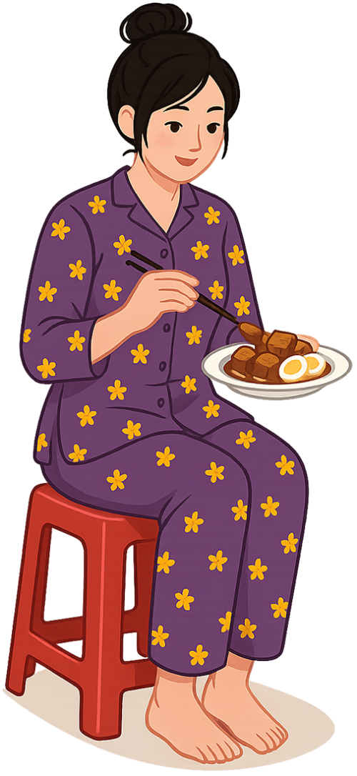 Cô gái, ăn uống, phụ nữ, thịt kho trứng, đĩa, đũa tre, ghế nhựa, girl, eating, woman, braised pork with eggs, plate, bamboo chopsticks, plastic chair