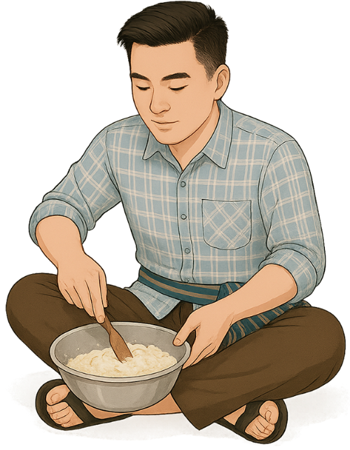 Chàng trai, trộn bột, đàn ông, vá múc cơm, thau, thau bột, young man, mixing flour, man, rice ladle, basin, flour basin
