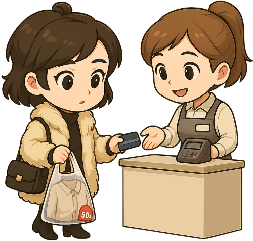 Cô gái, mua sắm, phụ nữ, nhân viên bán hàng, áo, áo lông, túi xách, thẻ tín dụng, máy tính tiền, girl, shopping, woman, salesperson, shirt, fur coat, handbag, credit card, cash register