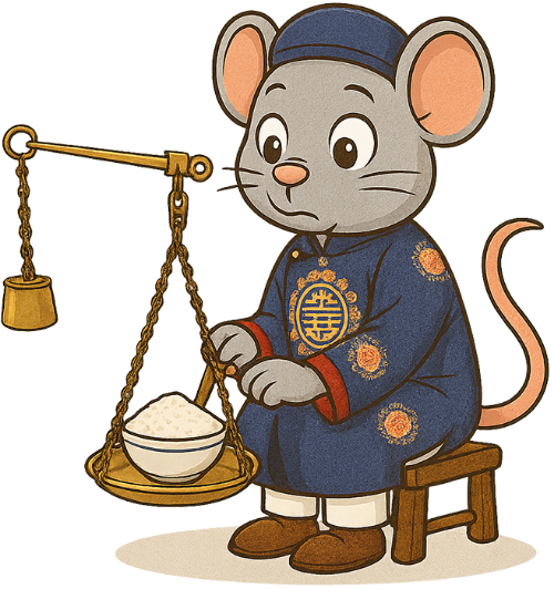 Chuột, cân gạo, cân, chén cơm, áo dài, ghế, dễ thương, rat/mouse, weighing rice, scale, bowl of rice, ao dai, chair, cute