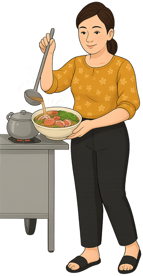 Cô gái, làm bún, phụ nữ, bún bò, tô, nồi, nước lèo, girl, making beef noodle soup, woman, beef noodle soup, bowl, pot, broth