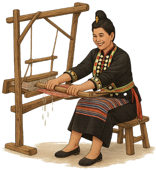 Cô gái, dệt vải, phụ nữ, máy dệt, ghế tre, girl, weaving fabric, woman, loom, bamboo chair 4