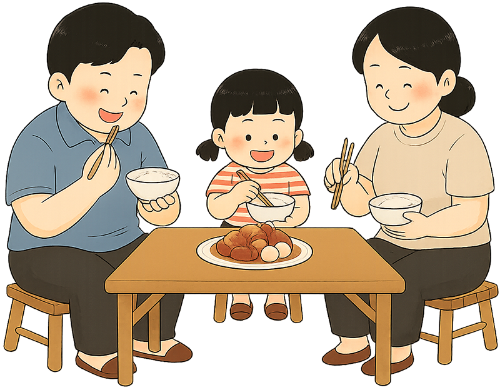 Gia đình, ăn cơm, cha, mẹ, con gái, vui vẻ, thịt kho trứng, cơm, bàn, ghế, family, eating rice, father, mother, daughter, cheerful, braised pork with eggs, rice, table, chair