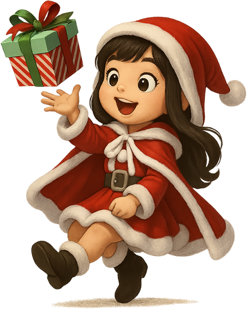 Cô gái, tung quà, món quà, giáng sinh, trang phục giáng sinh, mũ trùm đầu giáng sinh, girl, throwing present, present, christmas, christmas outfit, christmas hood