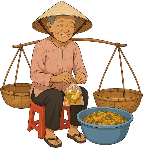 Bà cụ, đóng gói, phụ nữ, nón lá, đòn gánh, bánh tráng trộn, thau nhựa, old woman, packaging, woman, conical hat, shoulder pole, mixed rice paper, plastic basin