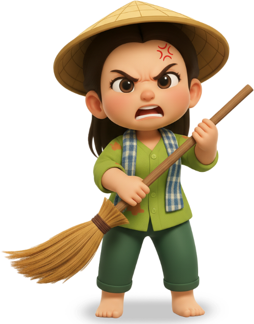 Cô gái, tức giận, phụ nữ, nón lá, chổi, girl, angry, woman, conical hat, broom