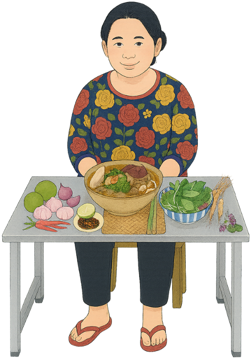 Bà cô, làm bún bò, phụ nữ, bát bún, nguyên liệu, aunt, making beef noodle soup, woman, bowl of rice noodles, ingredients
