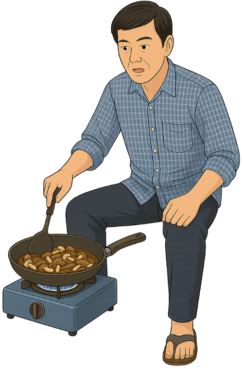 Ông chú, xào nấm, đàn ông, nấm, chảo chống dính, bếp ga, uncle, stir-frying mushrooms, man, mushroom, non-stick pan, gas stove