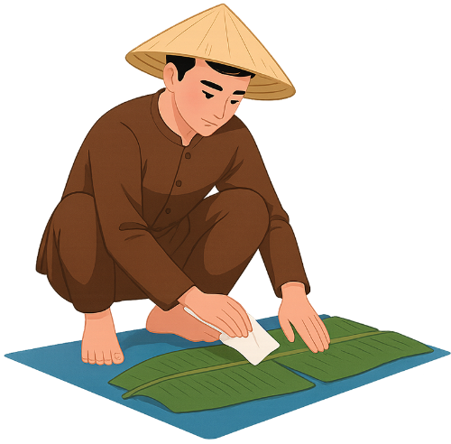 Chàng trai, lau dọn, đàn ông, lá chuối, khăn, tấm bạt, nón lá, young man, cleaning, man, banana leaf, towel, tarp, conical hat