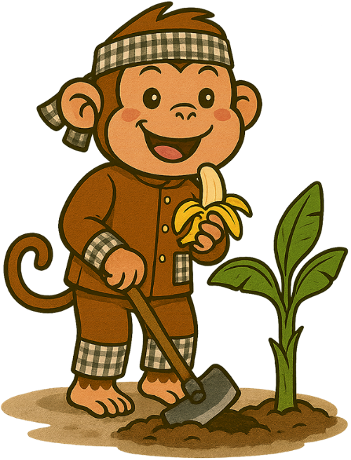 Khỉ, trồng chuối, áo bà ba, chuối, cây cuốc, cây chuối con, dễ thương, monkey, planting bananas, ao ba ba, banana, hoe, banana sapling, cute