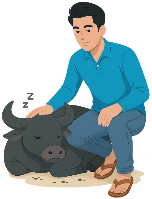 Chàng trai, vuốt ve, đàn ông, con trâu, vui vẻ, young man, petting, man, water buffalo, cheerful