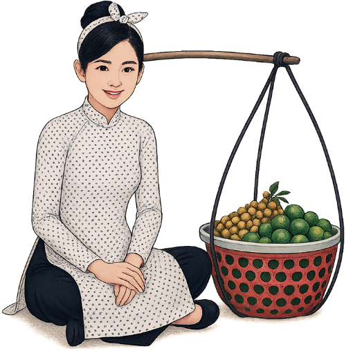 Cô gái, vui vẻ, phụ nữ, áo dài, long nhãn, cam, đòn gánh, rổ nhựa, young woman, cheerful, woman, traditional Vietnamese dress (áo dài), longan, orange, carrying pole, plastic basket