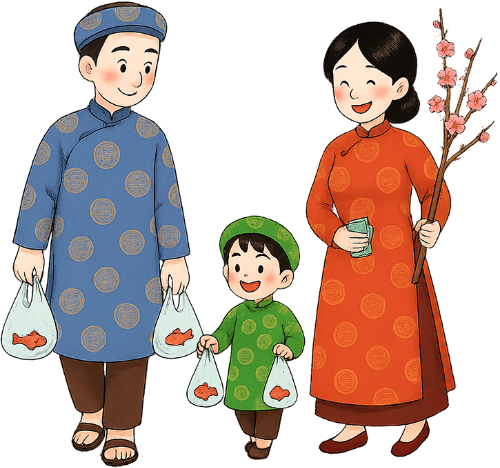 Gia đình, đi dạo, cha, mẹ, con trai, áo dài, vui vẻ, cành đào, cá cảnh, túi nhựa, family, walking, father, mother, son, ao dai, cheerful, peach branch, ornamental fish, plastic bag