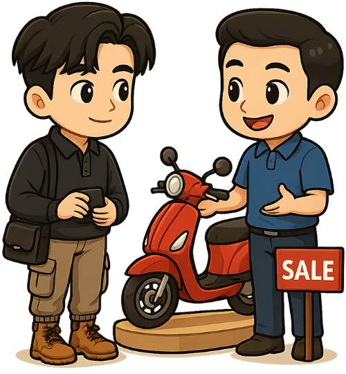 Chàng trai, mua sắm, đàn ông, nhân viên bán hàng, xe máy, ví tiền, young man, shopping, man, salesperson, motorbike, wallet