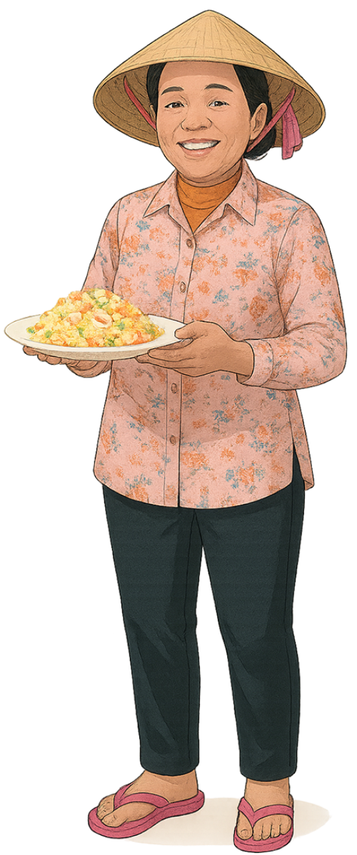Bà cô, vui vẻ, phụ nữ, đĩa, cơm chiên, nón lá, aunt, cheerful, woman, plate, fried rice, conical hat