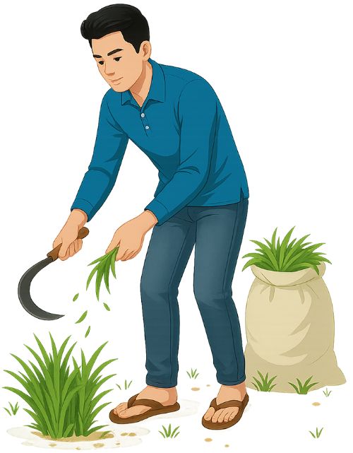 Chàng trai, cắt cỏ, đàn ông, liềm, bao cỏ, young man, cutting grass, man, sickle, grass bag