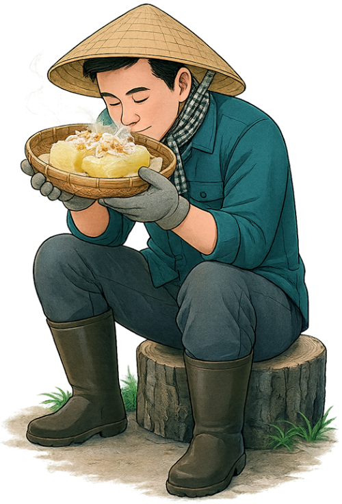 Ông chú, ngửi hương thơm, đàn ông, củ mì, rổ mây, nón lá, khăn rằn, găng tay, uncle, smelling a fragrance, man, cassava, rattan basket, conical hat, checkered scarf, gloves