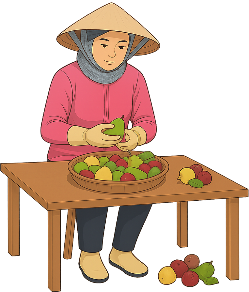 Cô gái, phân loại trái cây, phụ nữ, khẩu trang, nón lá, bàn, rổ mây, trái cây, girl, sorting fruit, woman, face mask, conical hat, table, wicker basket, fruit