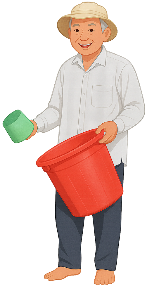 Ông cụ, vui vẻ, đàn ông, mũ cói, thau nhựa, ca nhựa, old man, cheerful, man, straw hat, plastic basin, plastic cup