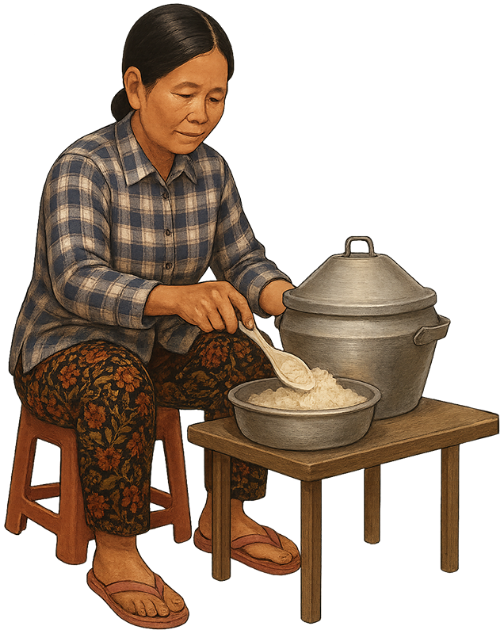 Bà cô, xới xôi, phụ nữ, xôi, nồi, thau, bàn, ghế, aunt, scooping sticky rice, woman, sticky rice, pot, basin, table, chair