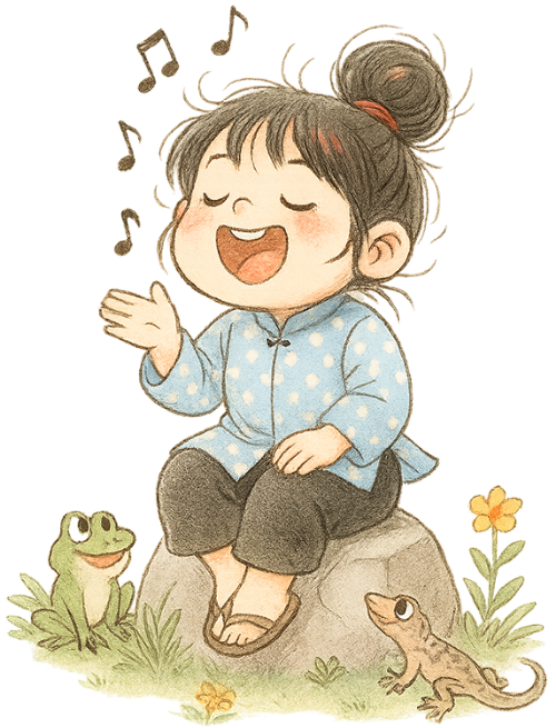 Cô gái, ca hát, cô bé, vui vẻ, ếch, thạch sùng, tảng đá, hoa, cỏ, girl, singing, little girl, cheerful, frog, gecko, rock, flower, grass