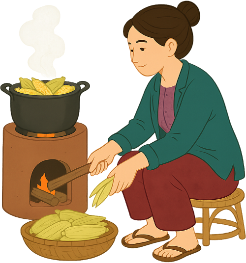 Cô gái, luộc ngô, phụ nữ, nồi, bếp lửa, ghế, rổ tre, girl, boiling corn, woman, pot, fire, chair, bamboo basket