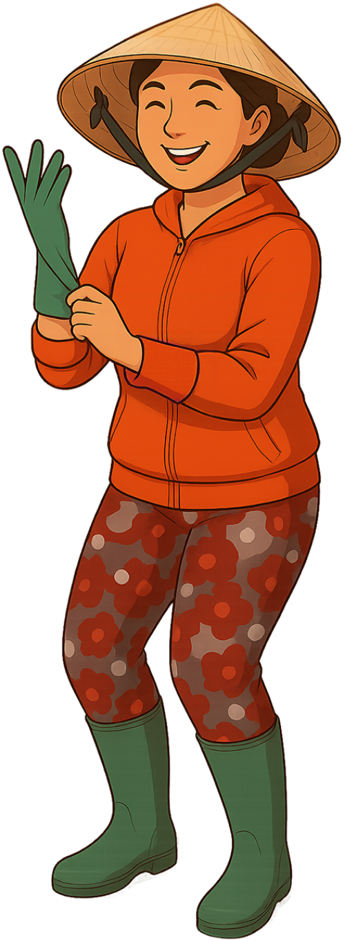 Cô gái, đeo găng tay, phụ nữ, găng tay rửa chén, nón lá, vui vẻ, girl, wearing gloves, woman, dishwashing gloves, conical hat, cheerful