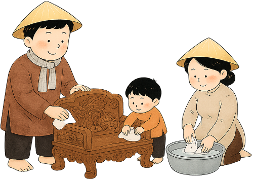 Gia đình, lau chùi, cha, mẹ, con trai, ghế, khăn, thau nước, nón lá, family, wiping, father, mother, son, chair, towel, basin of water, conical hat