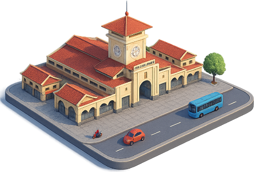 Mô hình, chợ bến thành, đường xá, cây, xe buýt, ô tô, xe máy, model, ben thanh market, roads, tree, bus, car, motorbike