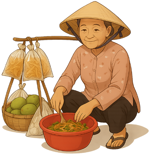 Bà cụ, trộn bánh tráng, phụ nữ, nón lá, rổ tre, thau nhựa, xoài, bánh tráng trộn, old woman, mixing rice paper salad, woman, conical hat, bamboo basket, plastic basin, mango, mixed rice paper