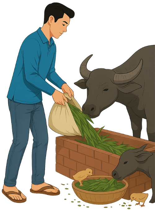 Chàng trai, cho trâu ăn, đàn ông, trâu, bao cỏ, máng gạch, young man, feeding water buffalo, man, water buffalo, grass bag, brick trough