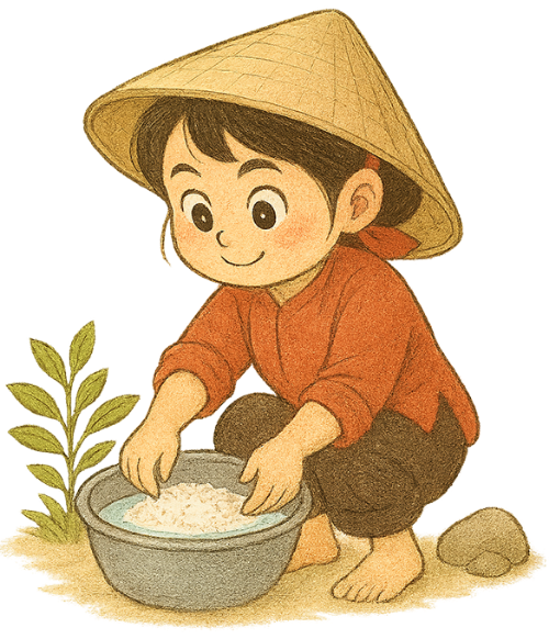 Cô gái, vo gạo, phụ nữ, nón lá, nồi cơm, cây cỏ, đá, dễ thương, girl, washing rice, woman, conical hat, rice pot, grass, rock, cute