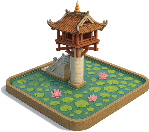 Mô hình, chùa một cột, ao, lá sen, hoa sen, model, one pillar pagoda, pond, lotus leaves, lotus flowers