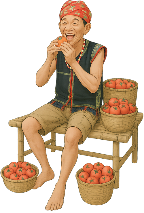 Ông cụ, ăn cà chua, đàn ông, cà chua, giỏ mây, bàn tre, old man, eating tomato, man, tomato, rattan basket, bamboo table