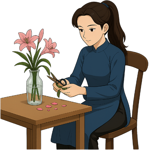 Giáo viên, chăm sóc hoa, cô gái, phụ nữ, bàn, ghế, kéo, teacher, tending to flowers, girl, woman, table, chair, scissors