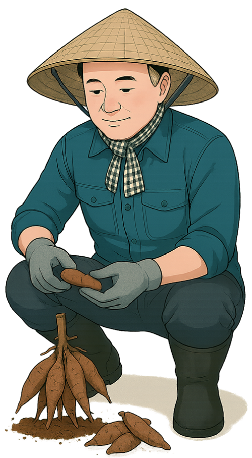 Ông chú, tách củ, đàn ông, nón lá, củ mì, khăn rằn, găng tay, khúc gỗ, uncle, separating tubers, man, conical hat, cassava, checkered scarf, gloves, log