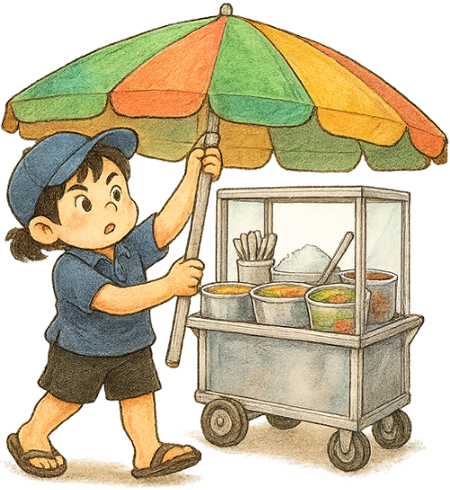 Chàng trai, che ô, đàng ông, xe đẩy, dễ thương, young man, holding an umbrella, man, pushcart, cute
