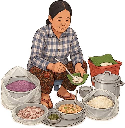 Bà cô, bán xôi, phụ nữ, xôi, nồi, thau, giỏ, aunt, selling sticky rice, woman, sticky rice, pot, basin, basket