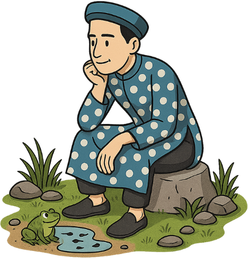 Chàng trai, thổi sáo, đàn ông, ếch, nòng nọc, vũng nước, tảng đá, young man, playing flute, man, frog, tadpole, puddle, rock