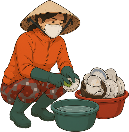 Cô gái, rửa chén, phụ nữ, găng tay rửa chén, nón lá, chén, đĩa, bát, thau nhựa, girl, washing dishes, woman, dishwashing gloves, conical hat, cup, plate, bowl, plastic basin