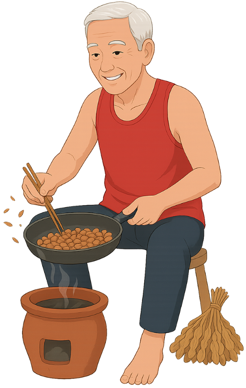 Ông cụ, rang đậu phộng, đàn ông, vui vẻ, đậu phộng, chảo chống dính, bếp lửa, old man, roasting peanuts, man, cheerful, peanut, non-stick pan, fire