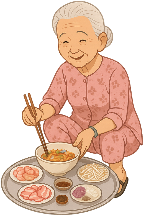 Bà cụ, tẩm ướp, phụ nữ, bát, đũa, mâm, nguyên liệu, old woman, marinating, woman, bowl, chopsticks, tray, ingredients