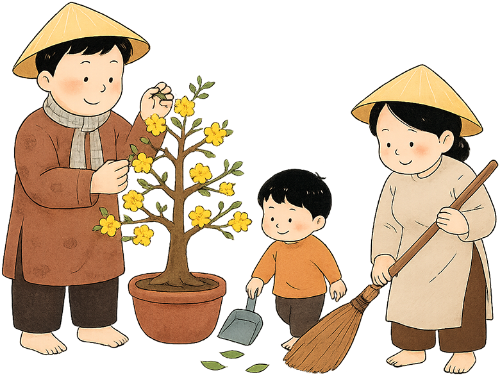 Gia đình, quét dọn, cha, mẹ, con trai, chậu mai, chổi, ky hốt rác,nón lá, family, cleaning, father, mother, son, apricot tree pot, broom, dustpan, conical hat