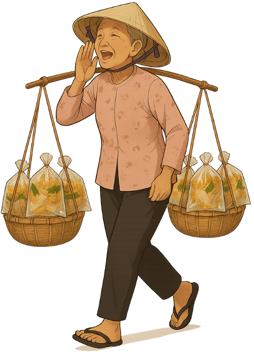 Bà cụ, gánh đòn gánh, phụ nữ, nón lá, đòn gánh, bánh tráng trộn, old woman, carrying shoulder pole, woman, conical hat, shoulder pole, mixed rice paper