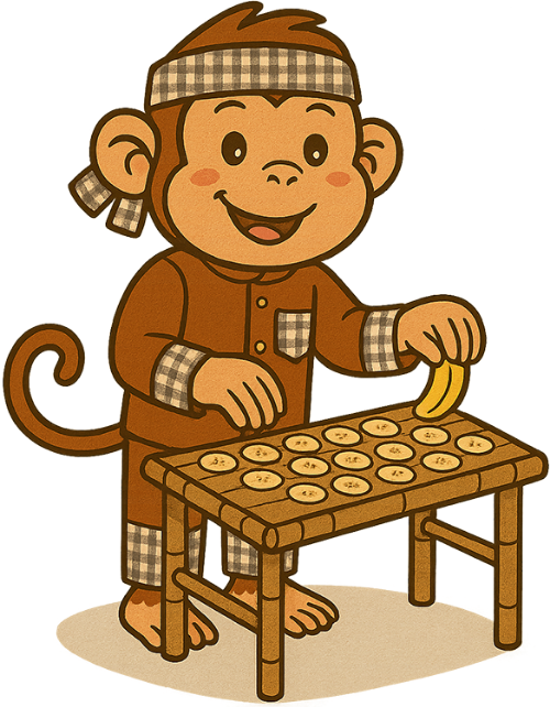 Khỉ, phơi chuối, áo bà ba, chuối, lát chuối, bàn tre, dễ thương, monkey, drying bananas, ao ba ba, banana, banana slices, bamboo table, cute