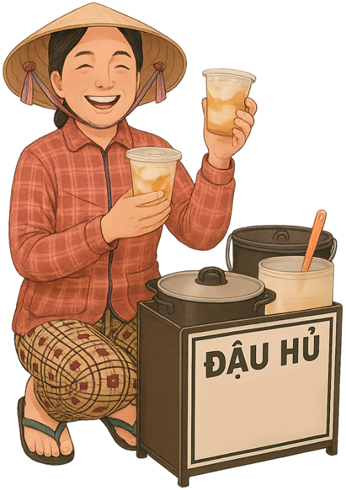 Bà cô, vui vẻ, phụ nữ, nón lá, nồi,ly đậu hũ,tủ