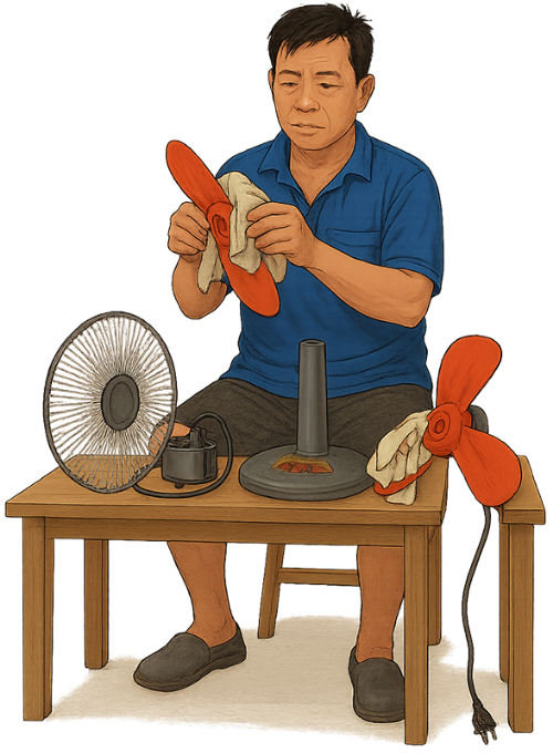 Ông chú, sửa quạt, đàn ông, thợ sửa chữa đồ điện, quạt máy, bàn, ghế, uncle, repairing fan, man, electrical appliance repairman, electric fan, table, chair 3